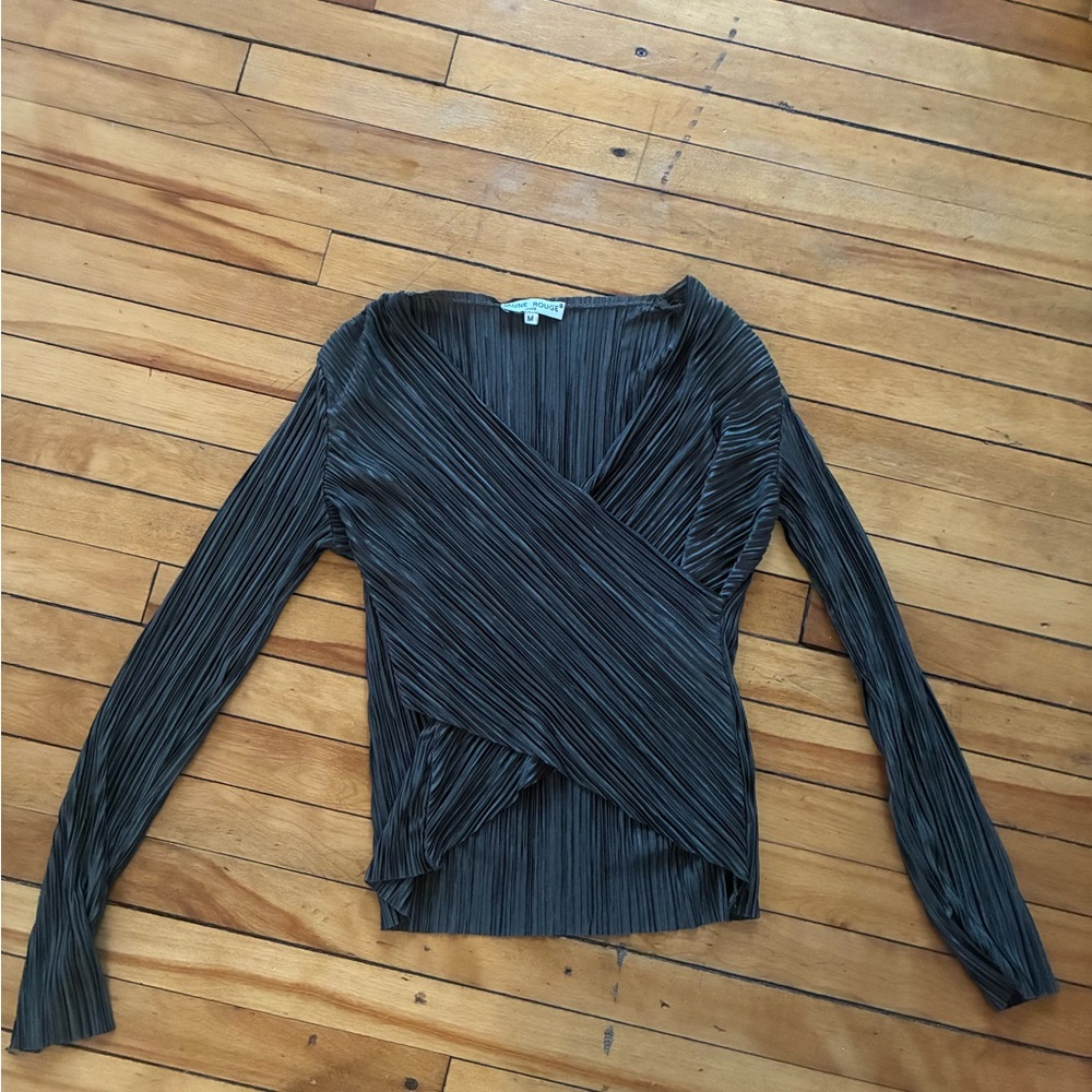 Vintage Olive Green Pleated Wrap-Front Blouse